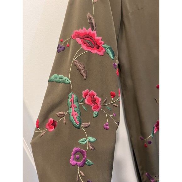 Sue Wong 100% Silk Olive Green Embroidered Flowers Kimono Duster Tunic Lined - Picture 4 of 13